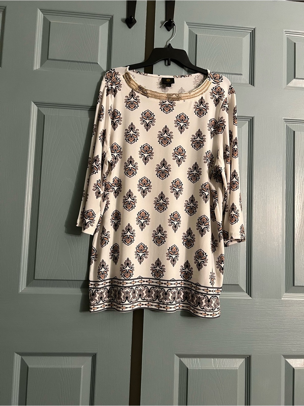 JM Collection Long Sleeve Knit Blouse with Jeweled Collar.